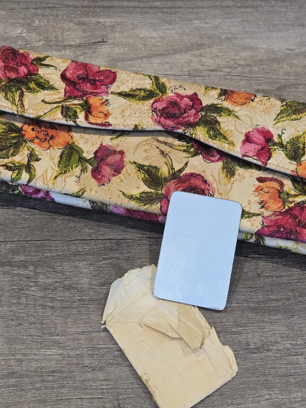 50's Vintage Carpet Style Clutch Envelope Flap W Vintage Mirror In Wax Sleeve